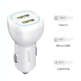  AЗУ PERO AC04 2USB 2.4A AUTOMAX c кабелем Lightning в комплекте, белое 