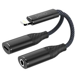  Адаптер PERO AD12 LIGHTNING TO LIGHTNING/MINI JACK 3.5, черный 