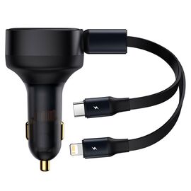  Автомобильное зарядное устройство BASEUS Enjoyment Retractable с Кабелем Type-C/Lightning, 3.5A, 20W, черный 