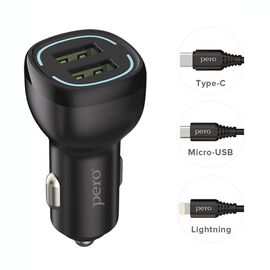  AЗУ PERO AC04 2USB 2.4A AUTOMAX c кабелем Type-C в комплекте, черное 