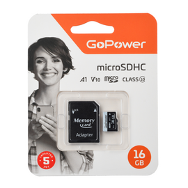  Карта памяти microSD GoPower 16GB Class10 60 МБ/сек V10 с адаптером 