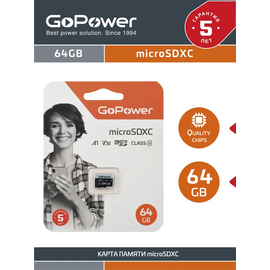  Карта памяти GoPower 00-00025677 microSD 64GB Class10 70 МБ/сек V30 без адаптера 