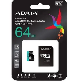  Карта памяти ADATA AUSDX64GUI3V30SA2-RA1 MicroSDXC UHS-I U3 V30S A2 100/75 MB/s 64GB Retail W/1 Adapter 