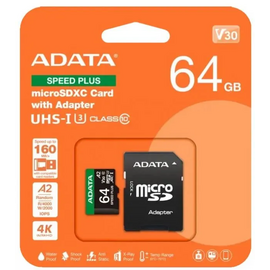  Карта памяти A-DATA UD64GUI3V30A2SP-RA1 64GB microSDXC Class 10 UHS-I U3 V30 A2 160/140 MB/s (SD адаптер) 