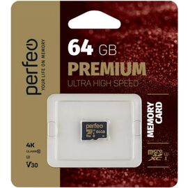  Карта памяти Perfeo microSDXC 64GB High-Capacity (Class 10) UHS-3 V30 без адаптера, (Арт. PF64GMCSX10V30) 