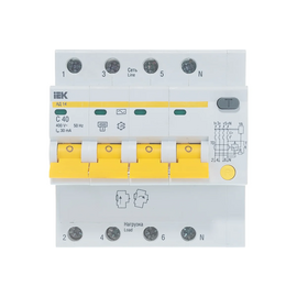  Дифавтомат IEK АД14 (MAD10-4-040-C-030) 40A тип C 4.5kA 30мА AC 4П 400В 5мод белый (упак.:1шт) 