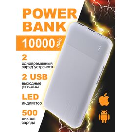  Повербанк Perfeo 10000 mah + In Micro usb+Type-C /Out USB 1 А, 2.1A / Белый, (Арт. PF_E2088) 