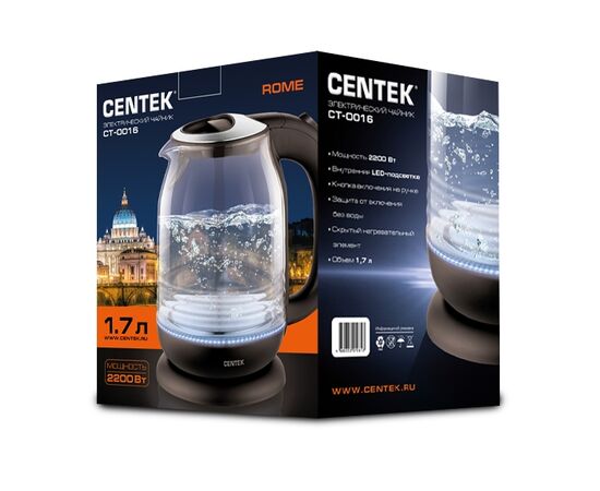  Чайник Centek СТ-0016 <Rome> стекло. 1,7л. 2200Вт, внутренняя LED подсветка. кнопка 