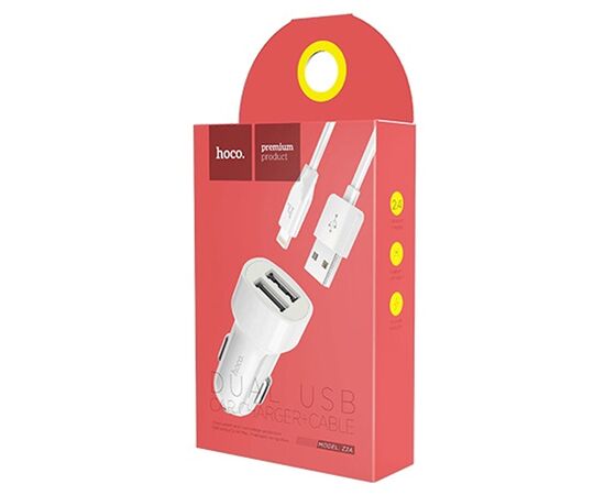  Автомобильное зарядное устройство HOCO Z2A, 2xUSB с Кабелем USB - Lightning, 2.4A, белый 