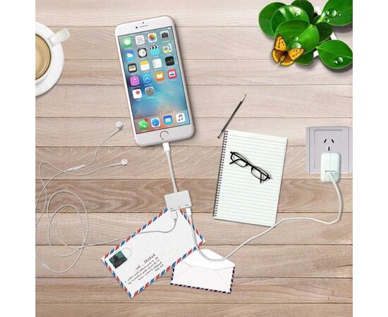  Переходник  MH035, Lightning - Jack 3.5/Dual Lightning, 10 см, белый 