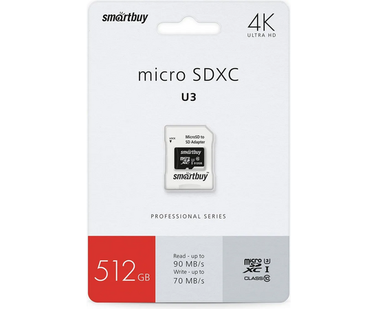  MicroSDXC  512GB  Smart Buy Class 10 Pro UHS-I U3 (70/90 Mb/s) + SD адаптер 