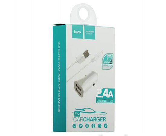  Автомобильное зарядное устройство HOCO Z12 Elite, 2xUSB с Кабелем USB - Lightning, 2.4A, белый 