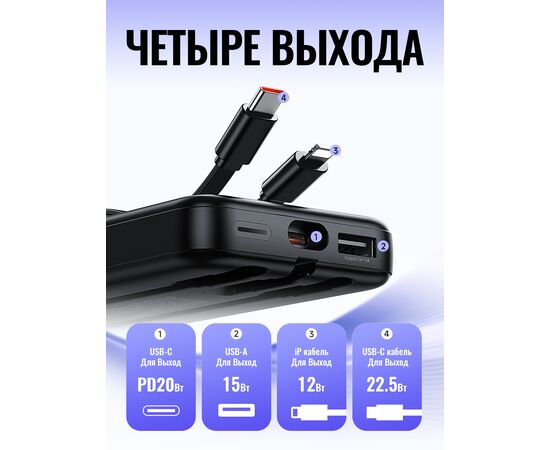  Аккумулятор внешний резервный HOCO J132 Sabio 22.5W+PD20W fully compatible power bank with 3 cables(10000mAh) (черный) 