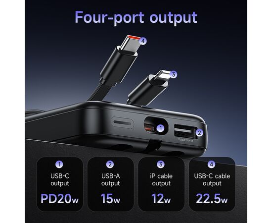  Аккумулятор внешний резервный HOCO J132 Sabio 22.5W+PD20W fully compatible power bank with 3 cables(10000mAh) (черный) 