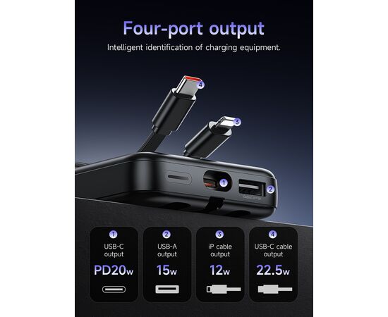  Аккумулятор внешний резервный HOCO J132 Sabio 22.5W+PD20W fully compatible power bank with 3 cables(10000mAh) (черный) 