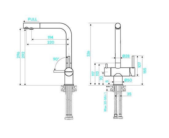  Смеситель для кухни KUCHENSTERN Fokus-FS 401GM40 нерж, вороненая сталь 