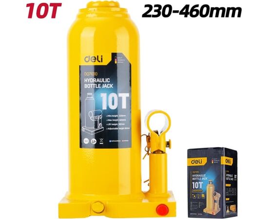  Домкрат бутылочный Deli DQ71010 гидравлический макс.грузоподъемность 10 т, высота подхвата 230мм, высота подъема 460м 