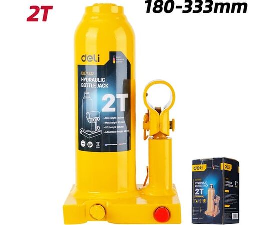  Домкрат бутылочный Deli DQ71002 гидравлический макс.грузоподъемность 2 т, высота подхвата 180мм, высота подъема 333мм 