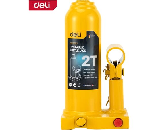  Домкрат бутылочный Deli DQ71002 гидравлический макс.грузоподъемность 2 т, высота подхвата 180мм, высота подъема 333мм 