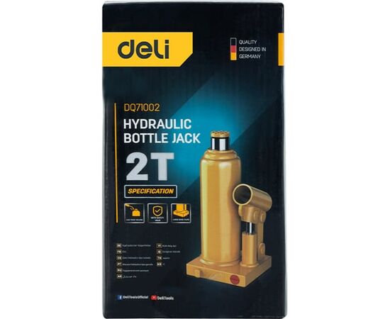  Домкрат бутылочный Deli DQ71002 гидравлический макс.грузоподъемность 2 т, высота подхвата 180мм, высота подъема 333мм 