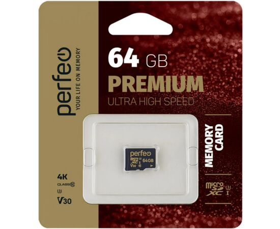  Карта памяти Perfeo microSDXC 64GB High-Capacity (Class 10) UHS-3 V30 без адаптера, (Арт. PF64GMCSX10V30) 