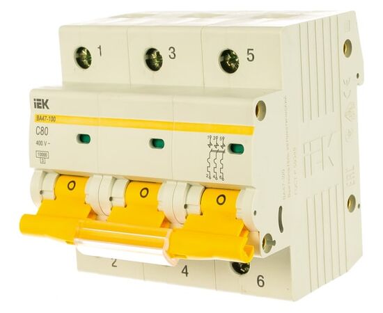  Выключатель IEK ВА47-100 (MVA40-3-080-C) автоматический 80A тип C 10kA 3П 400В 4.5 мод белый (упак.:1шт) 