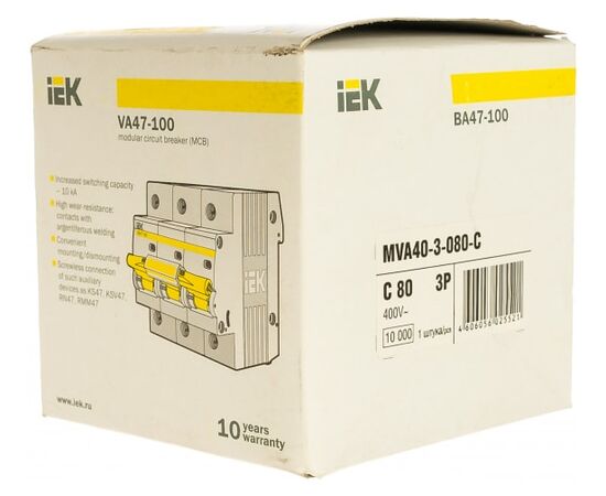  Выключатель IEK ВА47-100 (MVA40-3-080-C) автоматический 80A тип C 10kA 3П 400В 4.5 мод белый (упак.:1шт) 