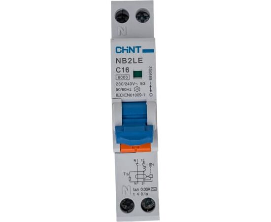  Дифференциальный автоматический выключатель CHINT NB2LE (689002) 1P+N 16A 30mA 1модуль х-ка С электронный тип AС 6kA 
