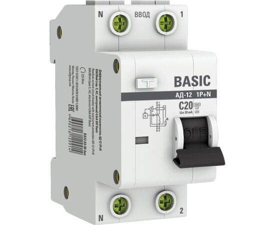  Дифавтомат EKF Basic АД-12 (DA12-20-30-bas) 1P+N 20А 30мА тип АС х-ка C эл. 4,5кА 