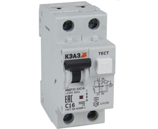  Дифавтомат КЭАЗ АВДТ32-22C16 A УХЛ4 (228065) 2п C 16А 30мА тип A 6кА 
