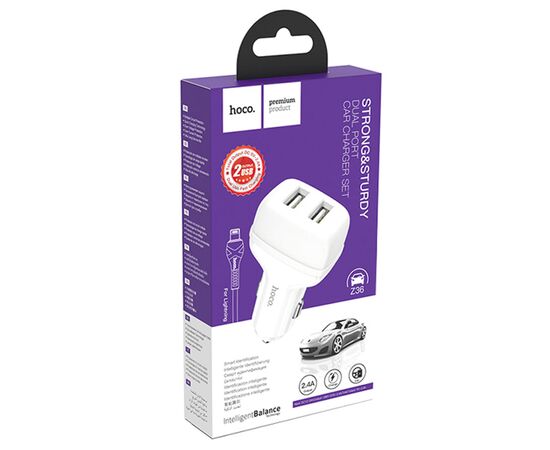  Автомобильное зарядное устройство HOCO Z36 Leader, 2xUSB с Кабелем USB - Lightning, 2.4A, белый 