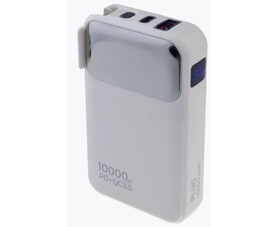  Распродажа! Повербанк Perfeo PLUG 10000 mAh/LED дисплей/Вход 230V/PD+QC 3.0/Выход: 5A, max 22.5W/ Белый, (Арт. PF_E1632) 