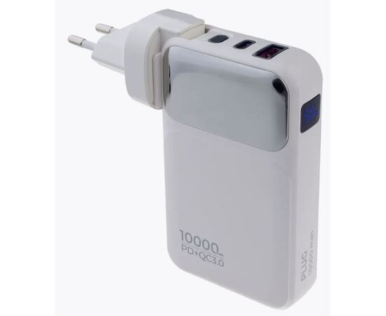  Распродажа! Повербанк Perfeo PLUG 10000 mAh/LED дисплей/Вход 230V/PD+QC 3.0/Выход: 5A, max 22.5W/ Белый, (Арт. PF_E1632) 
