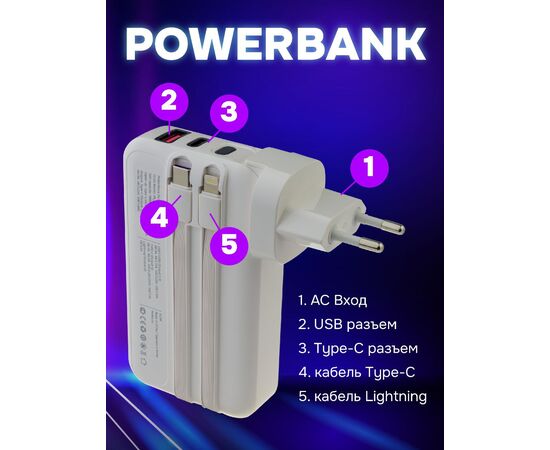  Распродажа! Повербанк Perfeo PLUG 10000 mAh/LED дисплей/Вход 230V/PD+QC 3.0/Выход: 5A, max 22.5W/ Белый, (Арт. PF_E1632) 